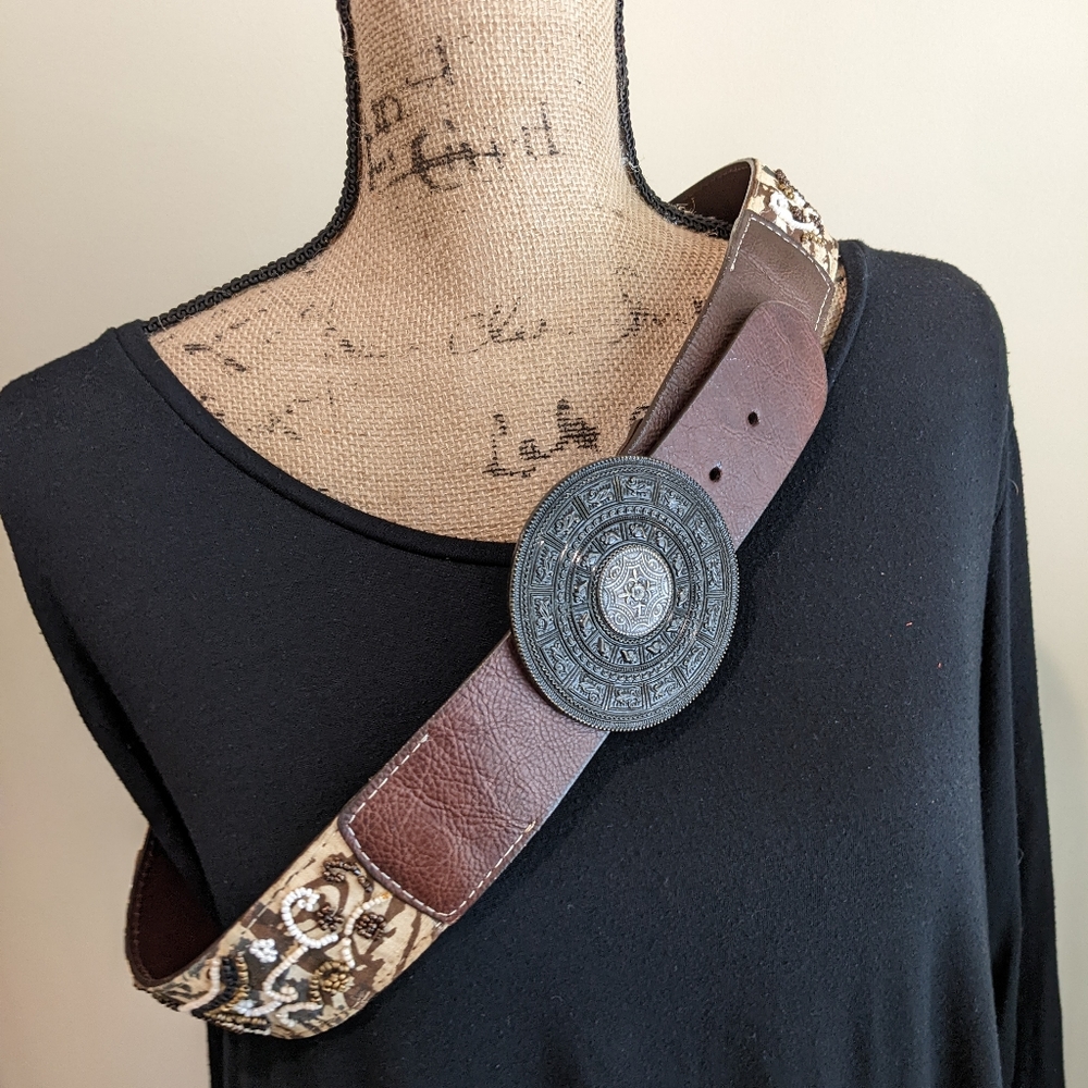 Leather Belt with Medallion Buckle and Beaded Design